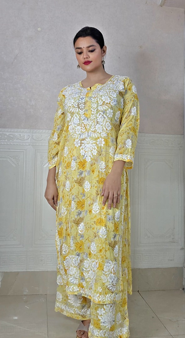 Yellow Plus Size Mulmul Printed Lucknowi Chikankari Kurta Set - Up to 5XL