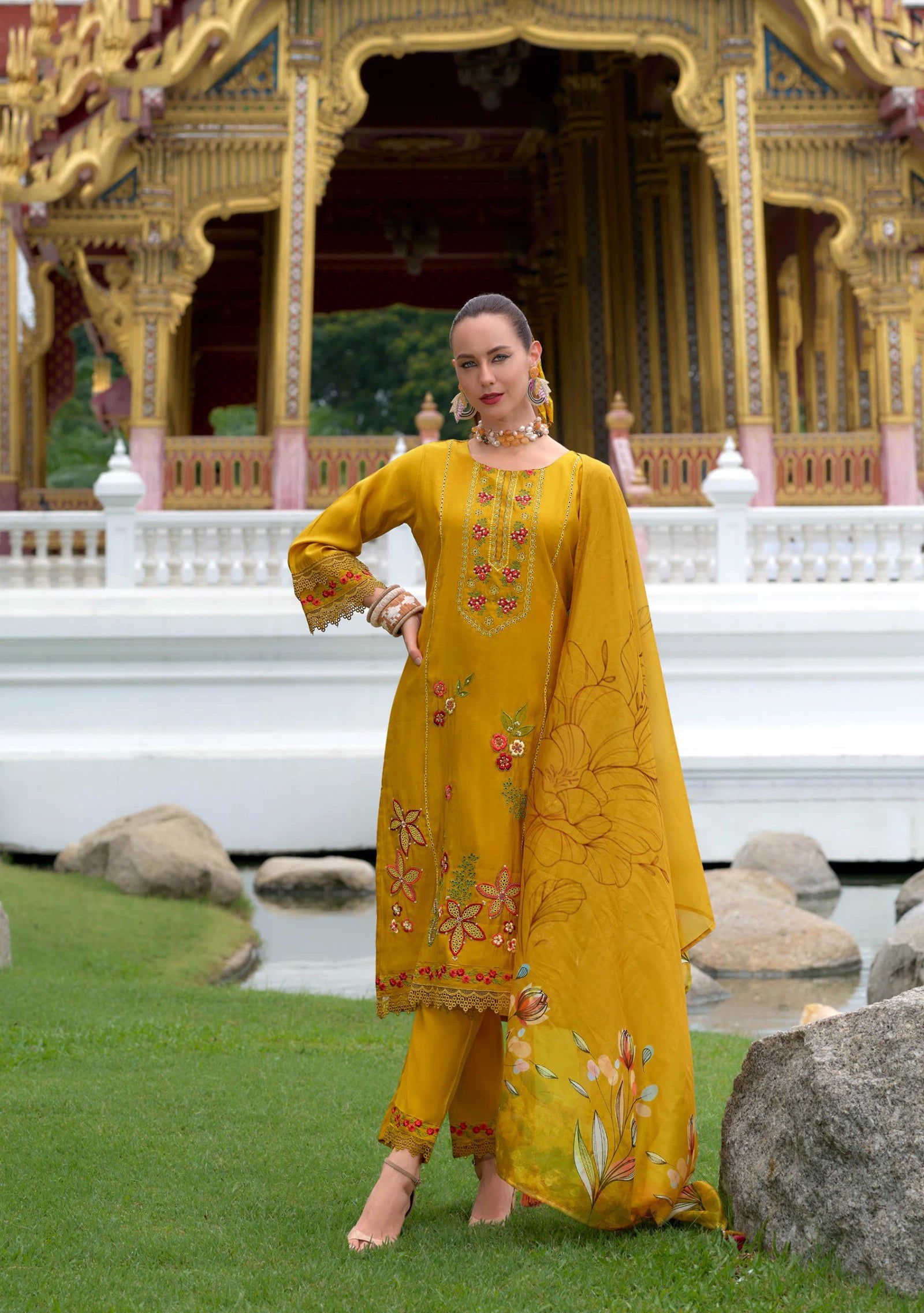 Inayakhan - Mustard Yellow Pakistani Style Salwar Kameez Dupatta Set with Organza Dupatta Yellow / 42 / Silk Inayakhan - Mustard Yellow Pakistani Style Salwar Kameez Dupatta Set with Organza Dupatta Yellow / 42 / Silk