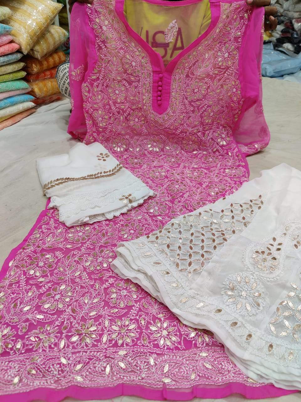 Pink Georgette Gotta Patti Kurti Sharara Fashion Salwar Suits