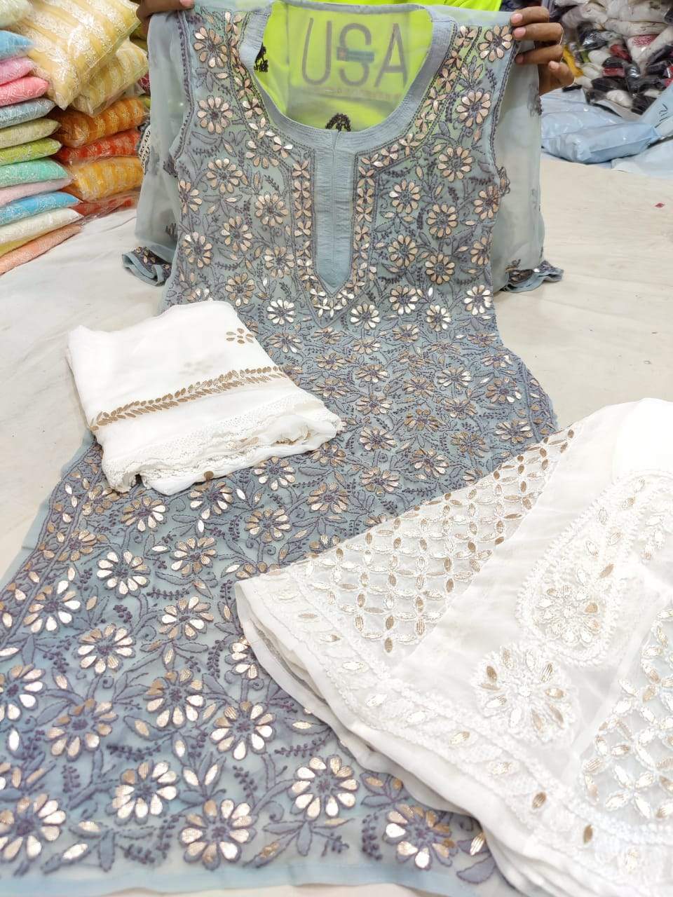 Light Grey Georgette Gota Patti Kurti Sharara Indian Ladies Suits Online