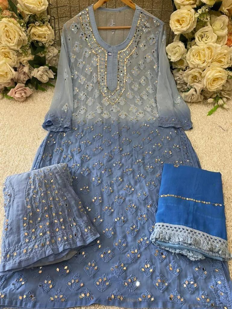 Blue Gradient Mirror Work Chikankari Kurti Sharara Dupatta Set - Inayakhan Shop