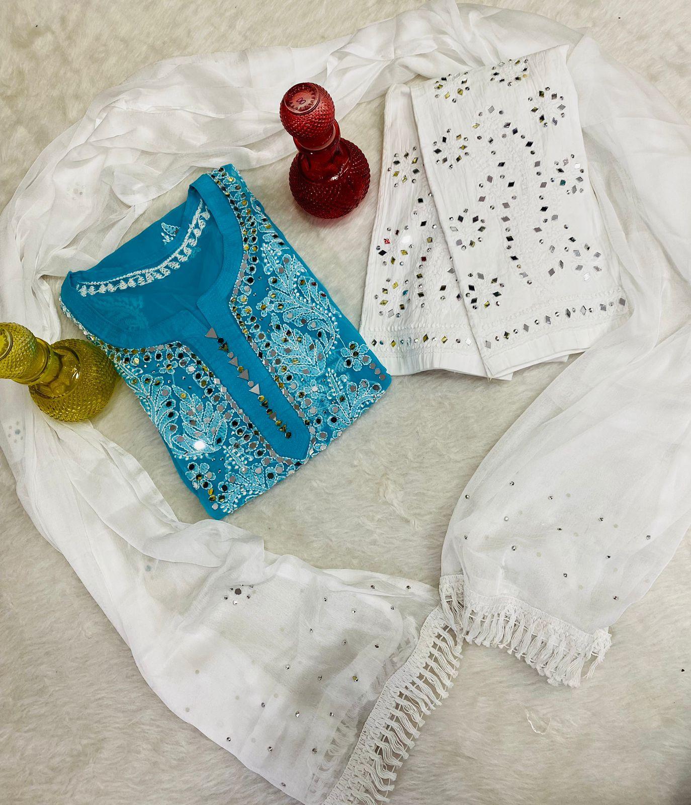 Blue Lucknowi Georgette Chikankari Mirror Gala Buti Kurti Latest Online - Inayakhan Shop