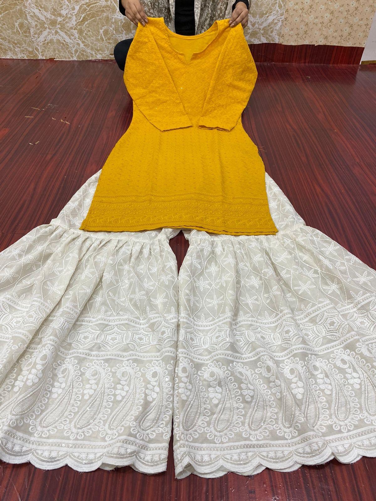 Combo Set of 7 Ethereal Chikankari Kurti Gharara Ensemble - Inayakhan Shop