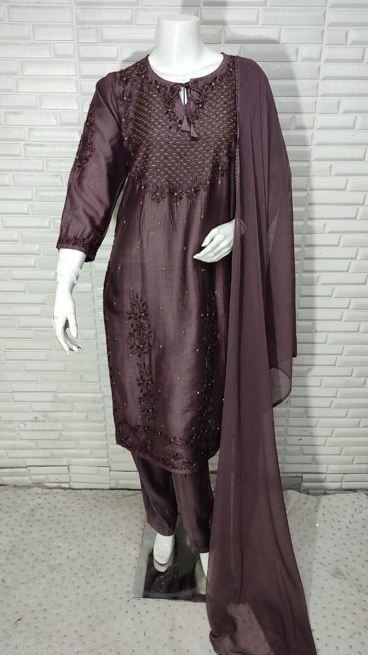 Dark Brown Ramadan Elegance: Chikankari Modal Chanderi Cutdana Set - Inayakhan Shop