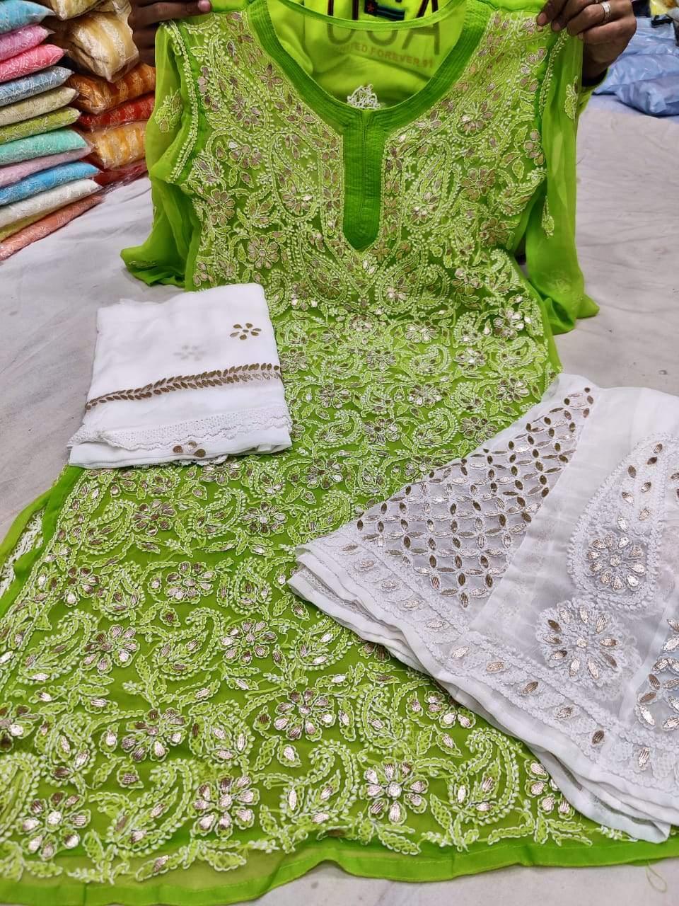 Green Georgette Gotta Patti Kurti Sharara Salwar Suits Online India - Inayakhan Shop