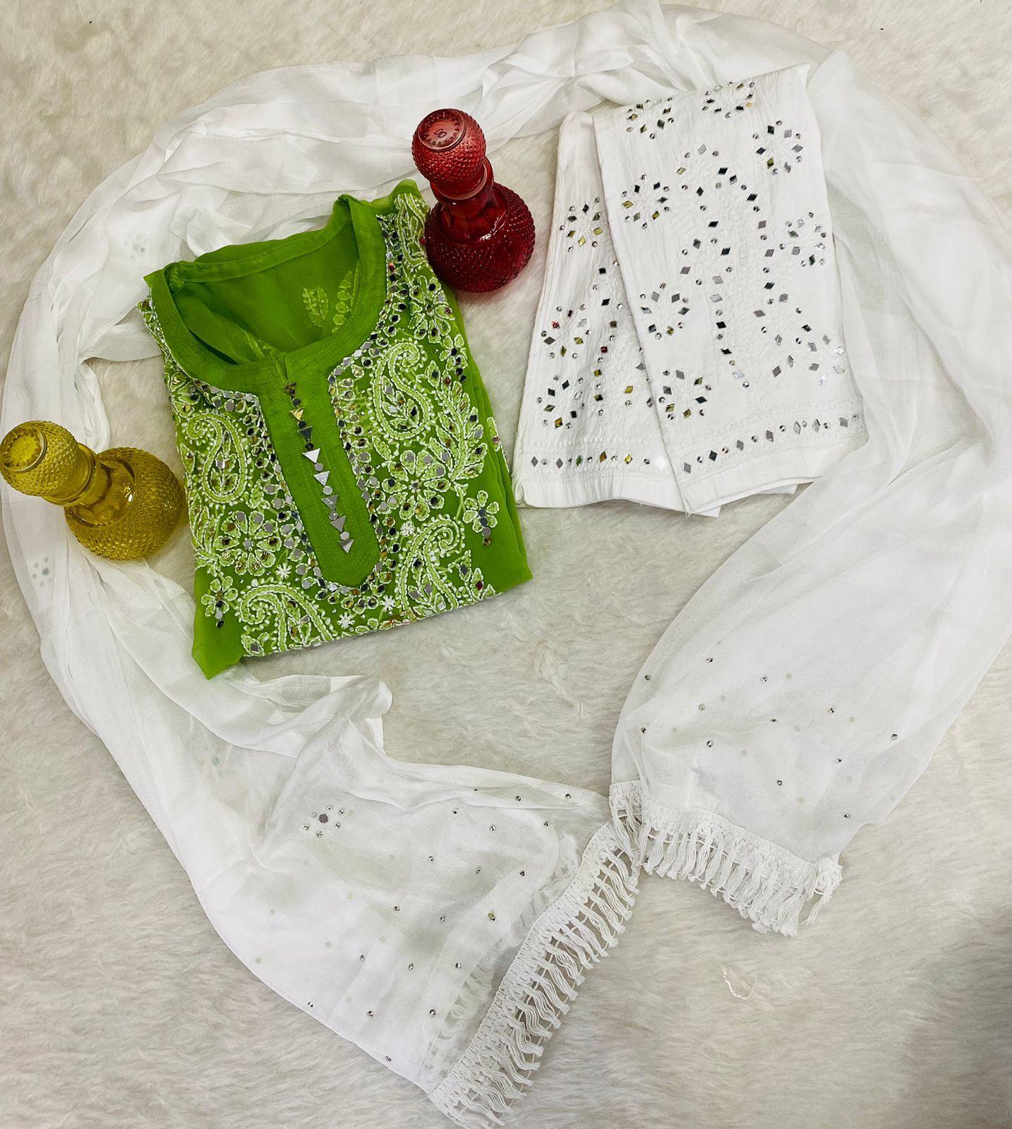 Green Lucknowi Georgette Chikankari Mirror Gala Buti Kurti Latest Online - Inayakhan Shop