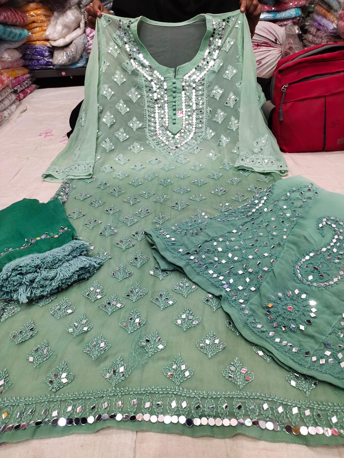 Light Green Gradient Mirror Work Chikankari Kurti Sharara Dupatta Set - Inayakhan Shop