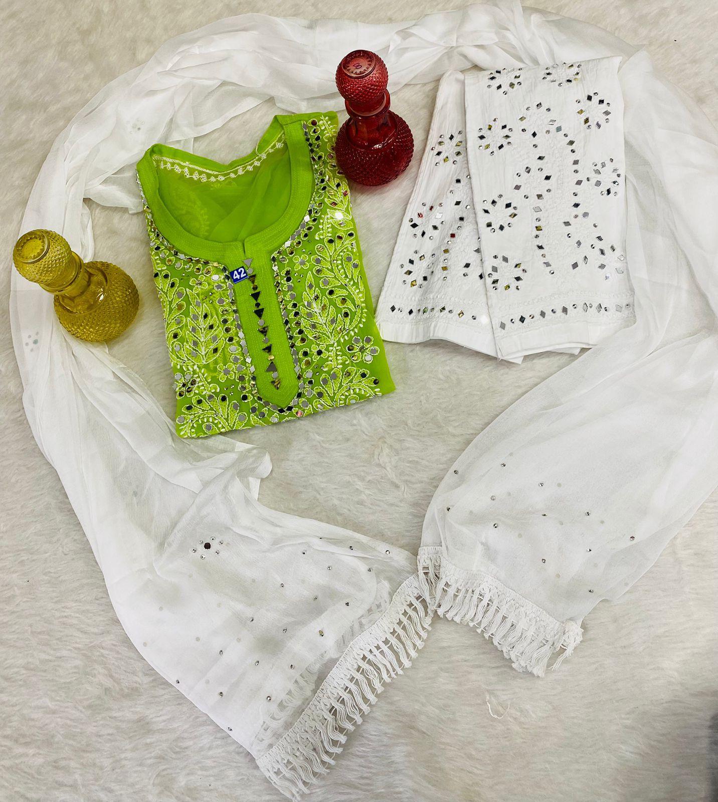 Light Green Lucknowi Georgette Chikankari Mirror Gala Buti Kurti Latest Online - Inayakhan Shop