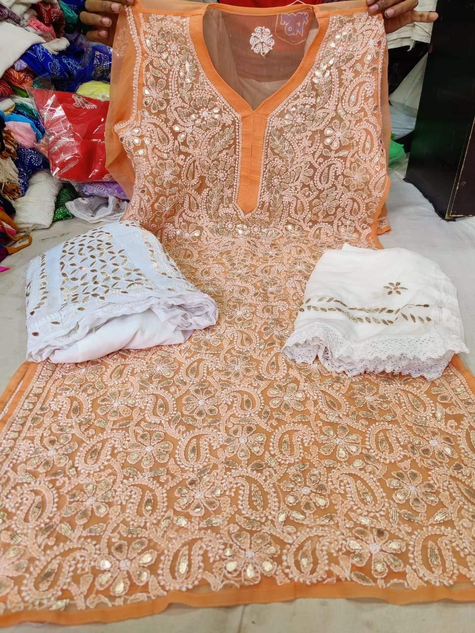 Light Orange Georgette Gotta Patti Kurti Sharara Salwar Suit - Inayakhan Shop