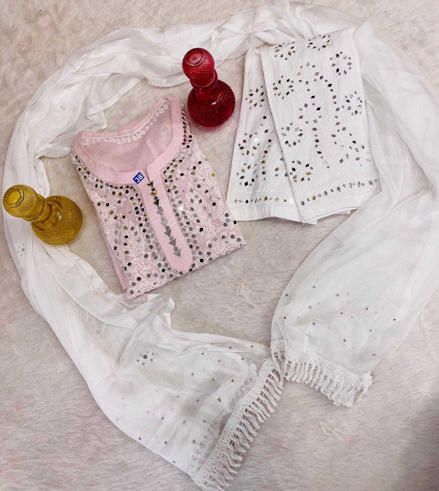 Light Pink Lucknowi Georgette Chikankari Mirror Gala Buti Kurti Latest Online - Inayakhan Shop