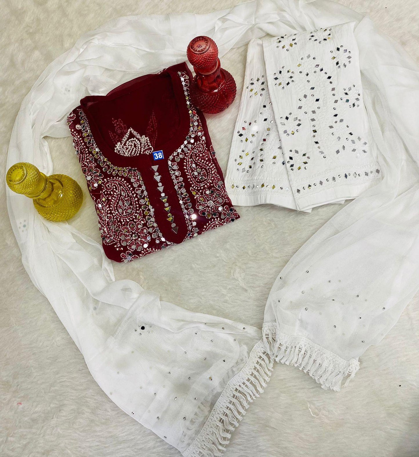 Maroon Lucknowi Georgette Chikankari Mirror Gala Buti Kurti Latest Online - Inayakhan Shop