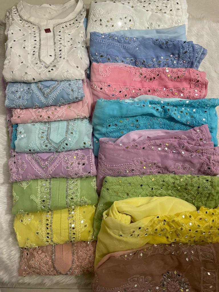 Ombre Blue Georgette Kurti with Potli Handmade Buttons & Mirror Booti Jaal Shopping Online - Inayakhan Shop