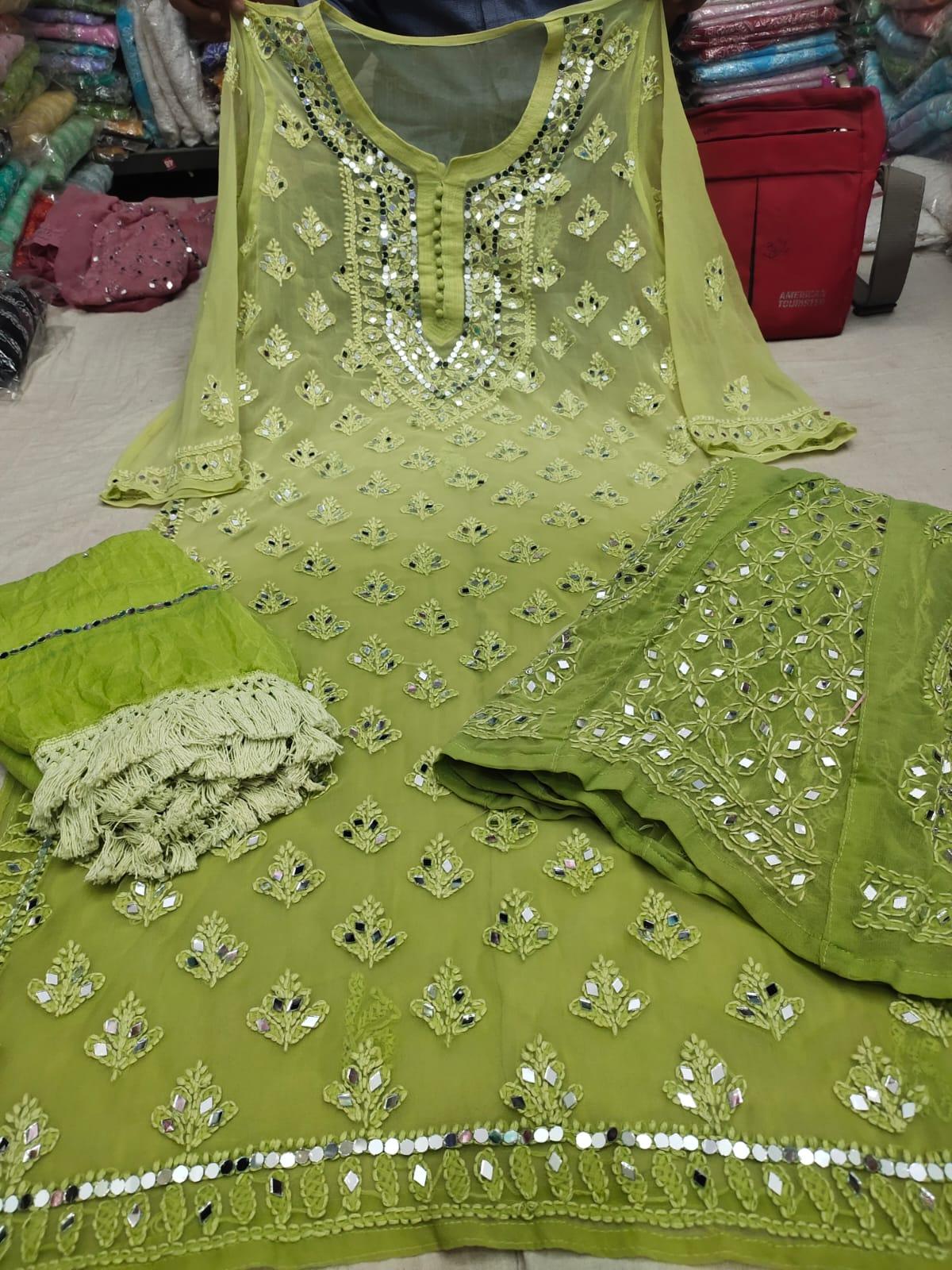 Parrot Green Gradient Mirror Work Chikankari Kurti Sharara Dupatta Set - Inayakhan Shop