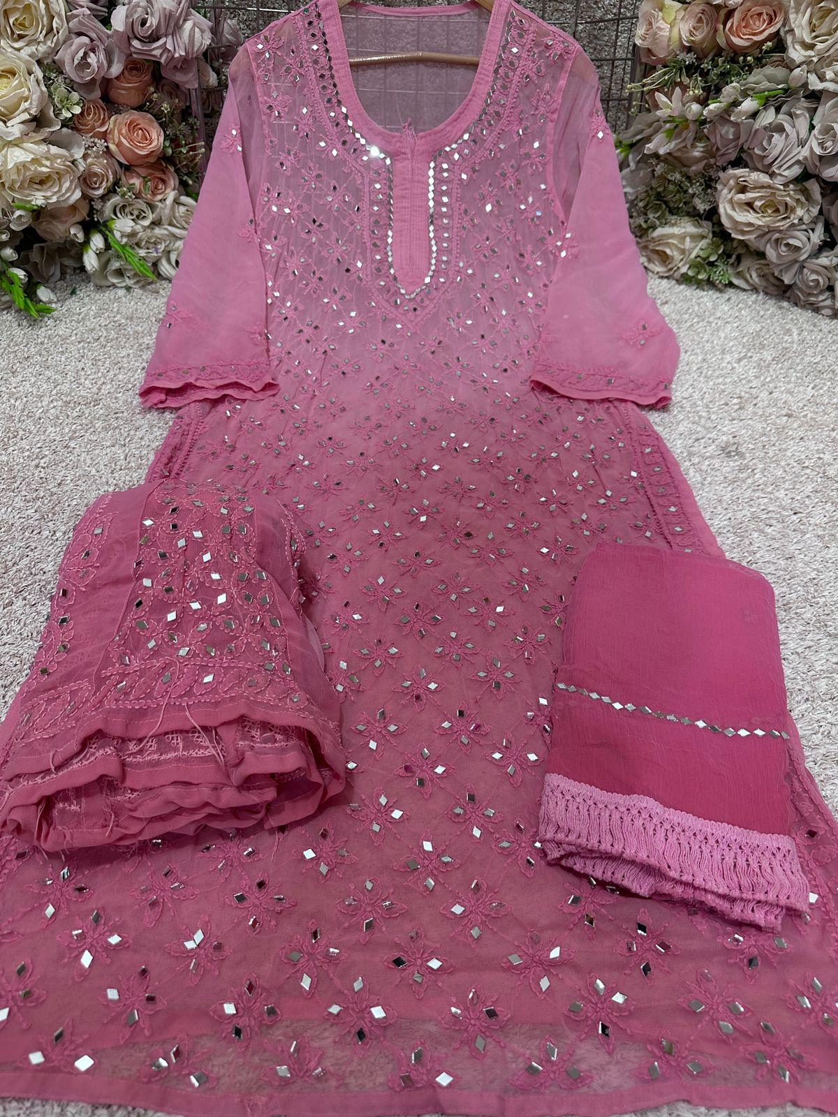 Pink Gradient Mirror Work Chikankari Kurti Sharara Dupatta Set - Inayakhan Shop