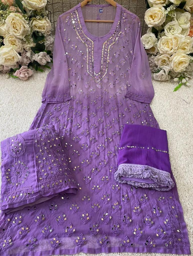Purple Gradient Mirror Work Chikankari Kurti Sharara Dupatta Set - Inayakhan Shop