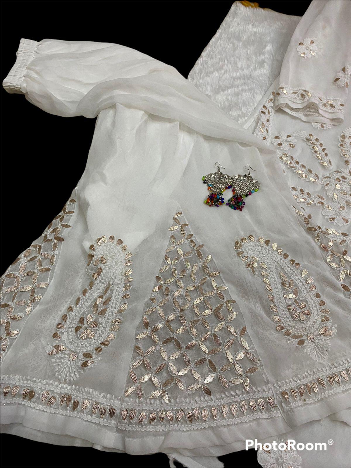White Chikankari Handwork Jaal Work Kurta With Sharara - Inayakhan Shop