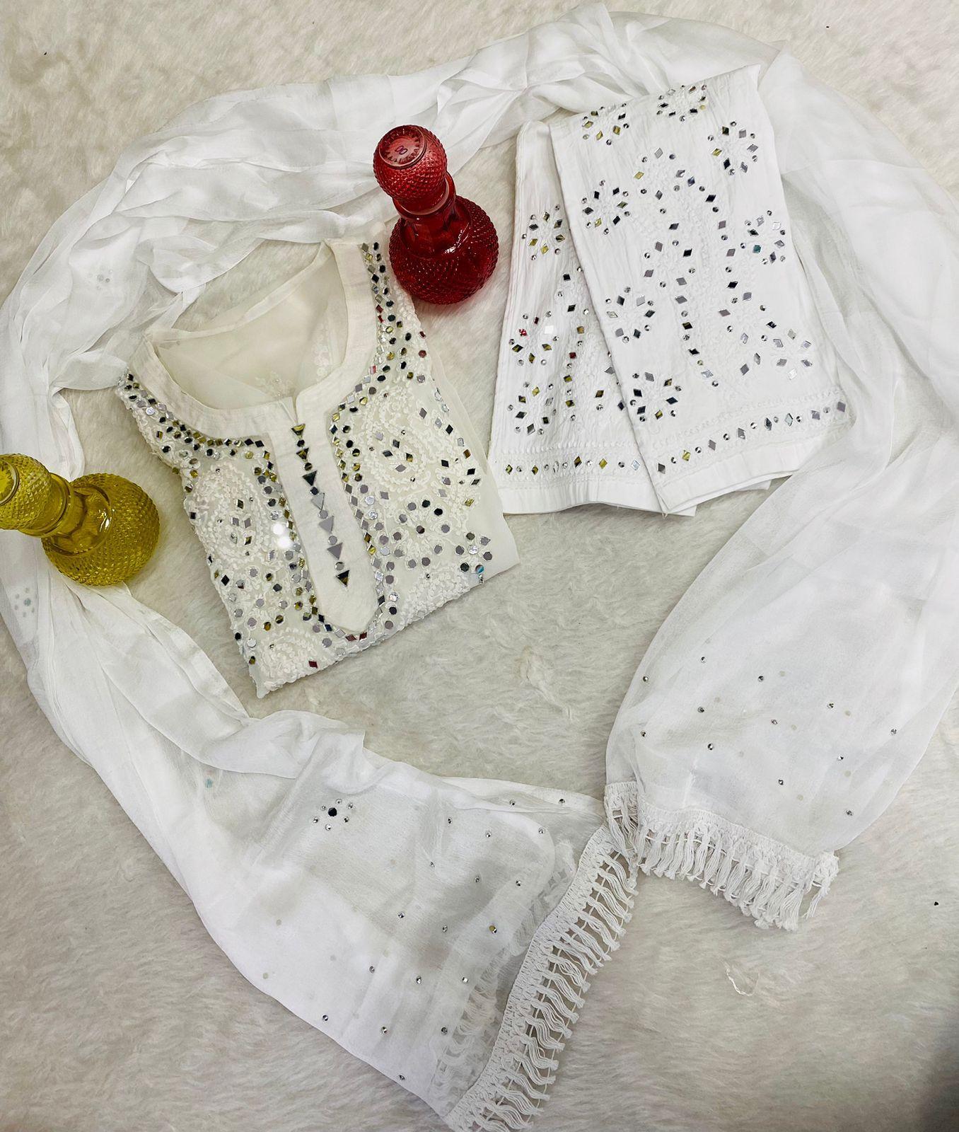 White Lucknowi Georgette Chikankari Mirror Gala Buti Kurti Latest Online - Inayakhan Shop