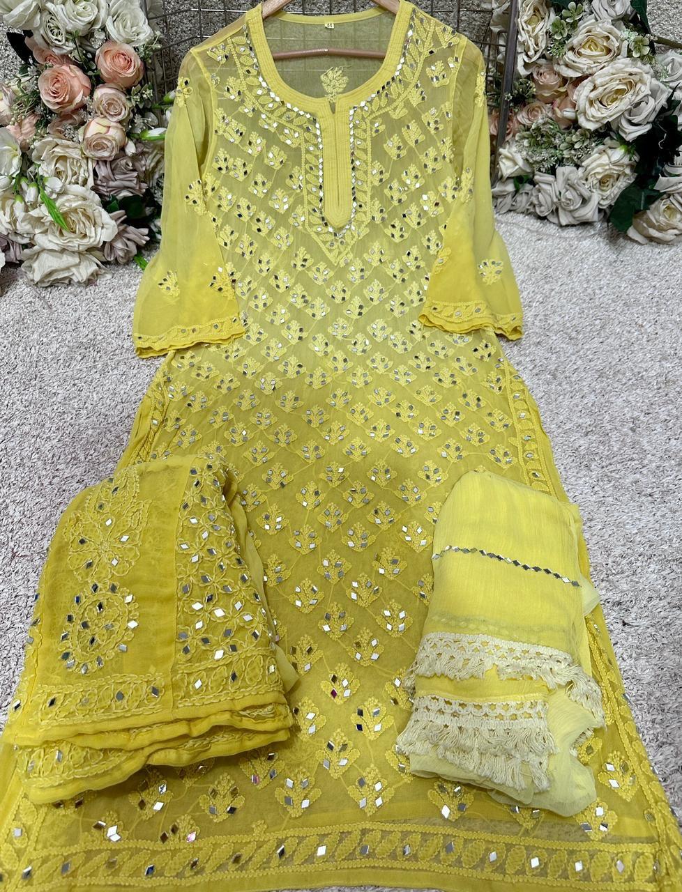 Yellow Gradient Mirror Work Chikankari Kurti Sharara Dupatta Set - Inayakhan Shop