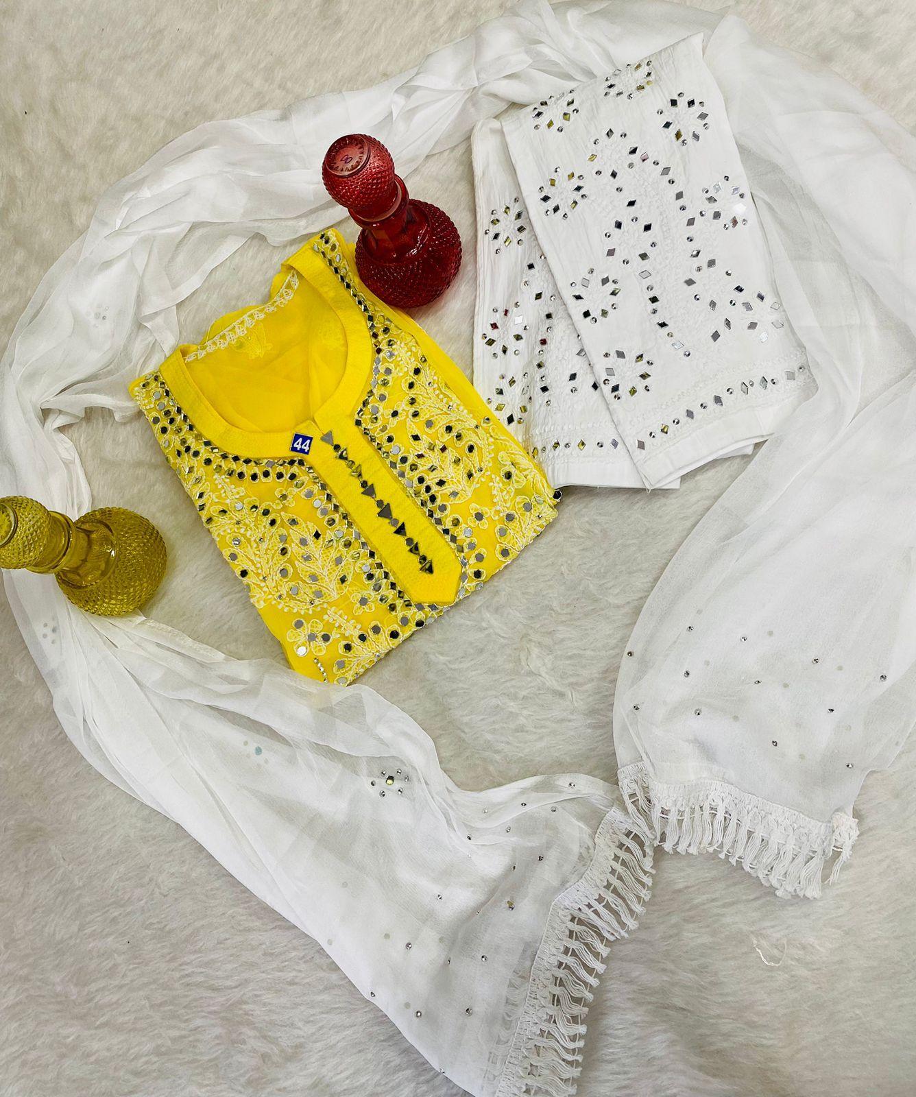 Yellow Lucknowi Georgette Chikankari Mirror Gala Buti Kurti Latest Online - Inayakhan Shop