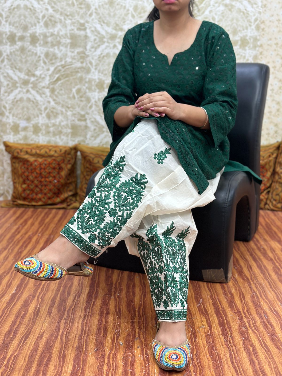 Green Design - 3  Elegant Patiala Salwar Set with Pure Cotton Chikankari Kurti