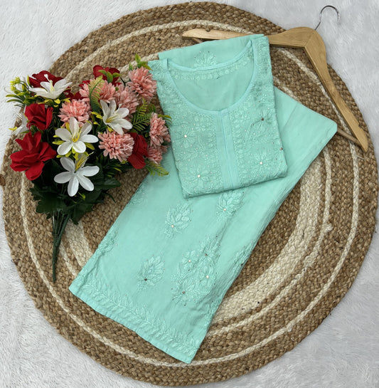 Pastel Green Lucknowi Chikankari Mukesh Work Cotton Kurti & Palazzo Matching Co-ord Set ❤️