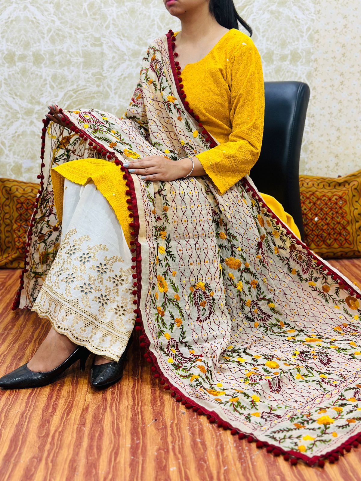 Yellow Design 1 - Chikankari Kurti with Pom Pom Phulkari Dupatta and Zari Mastani Sharara Set