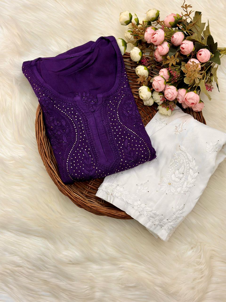 Deep Purple Elegant Lucknowi Chikankari Rayon Mukaish Kurti & Pallazo Set ✨ (Up to 5XL)