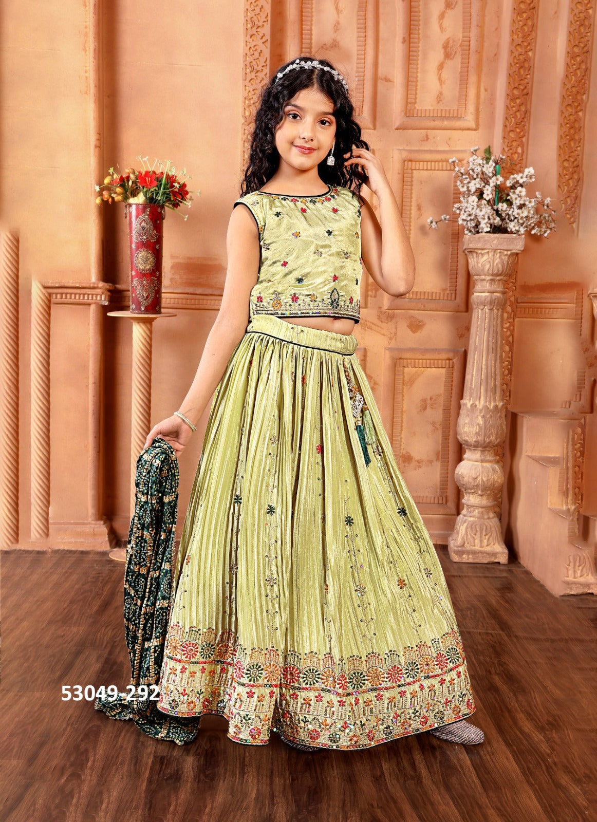 Pista Green Kids Lehenga Choli with Multicolor Embroidery