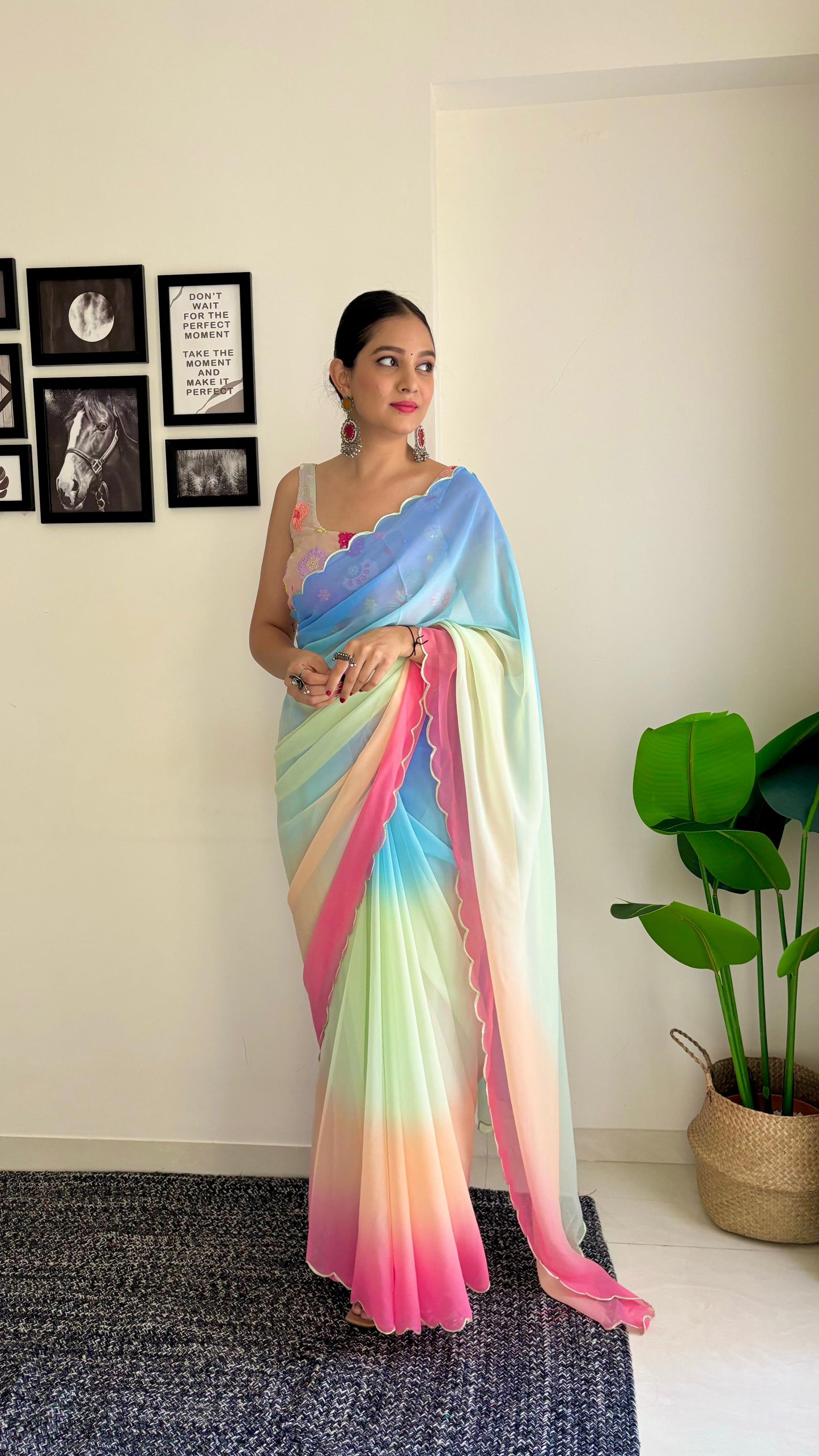 Blue Pink Party Wear Fancy Dual Shaded Georgette Saree