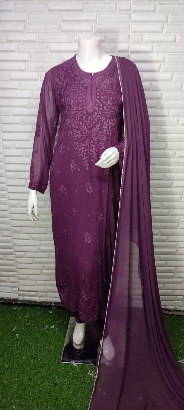 Wine Festive Collection: Lucknow Chikankari Pure Viscose 3D Kurti & 3-Piece Set