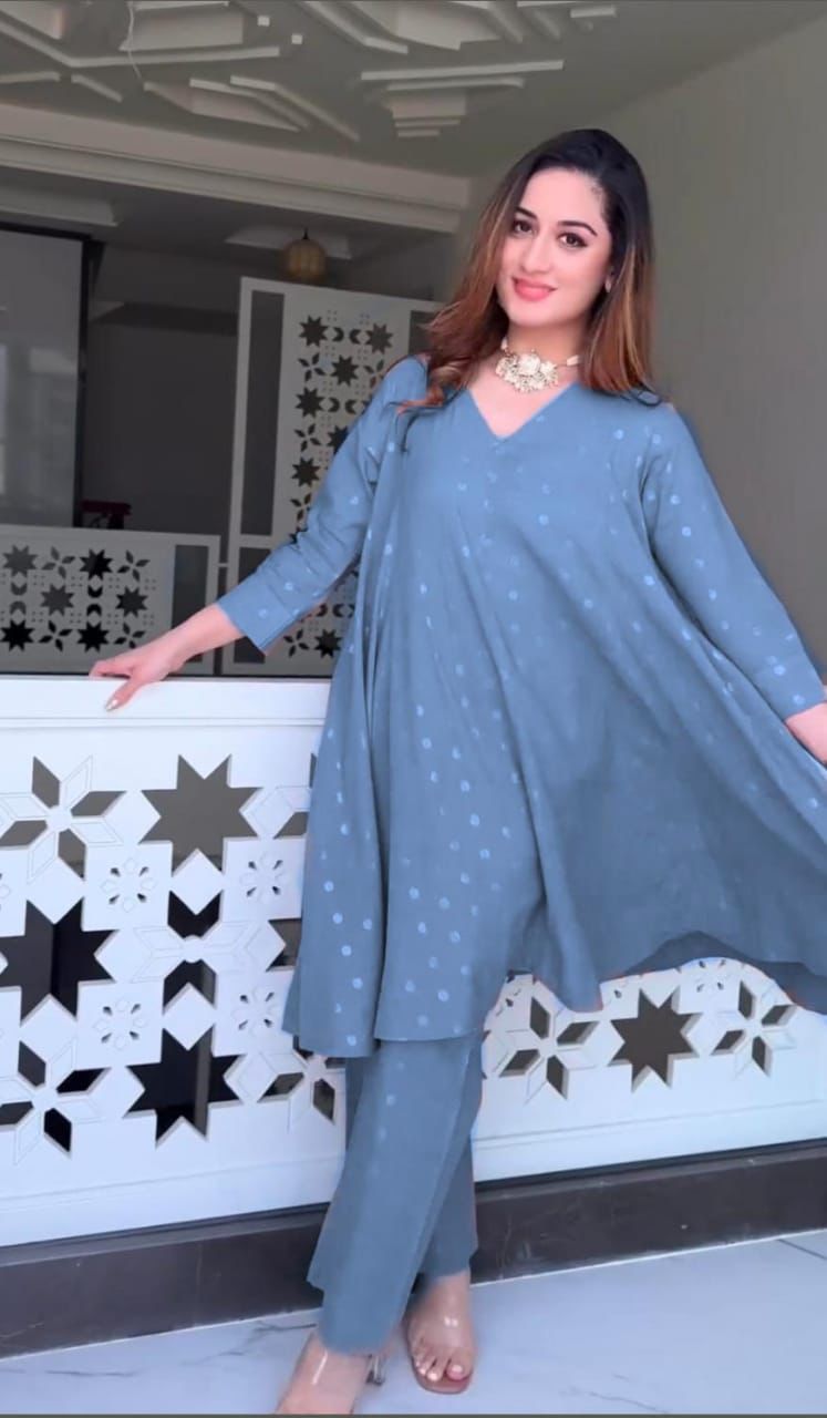 Blue Ready-to-Wear Cotton Lurex Coord Suit Set for Women