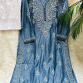 Blue Handcrafted Resham Kurashiya Kurti & Lycra Chikankari Pants Set