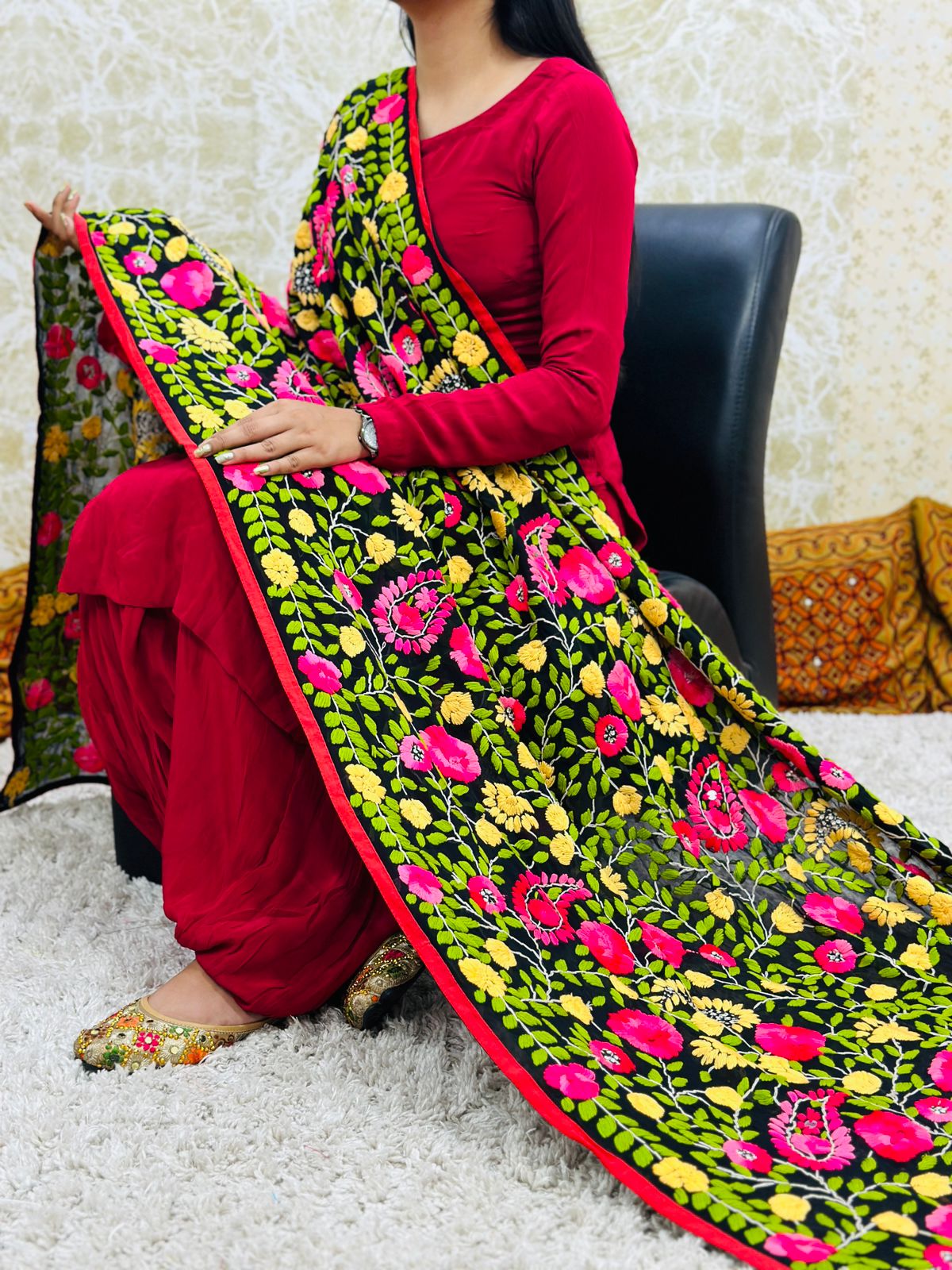 Design 1 - Georgette Red Patiala Salwar Suit with Phulkari Dupatta