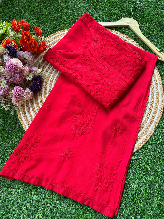 Red PLUS SIZE PREMIUM Lucknow Chikankari Handcrafted Rayon Kurti & Palazzo Set