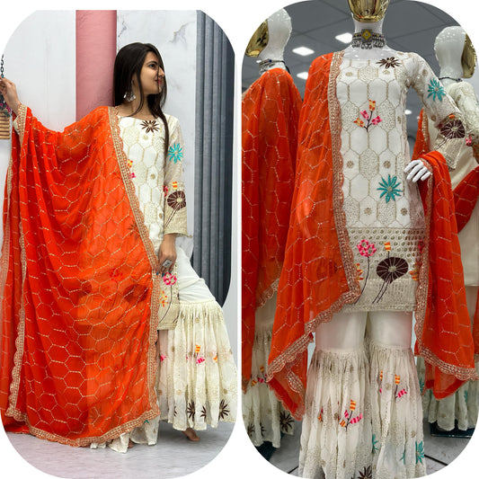 Ethereal White Georgette Sharara Set with Vibrant Orange Dupatta