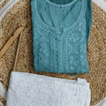 Teal Green Fancy Chikankari Cotton Ombre Gown kurti and Pant Set
