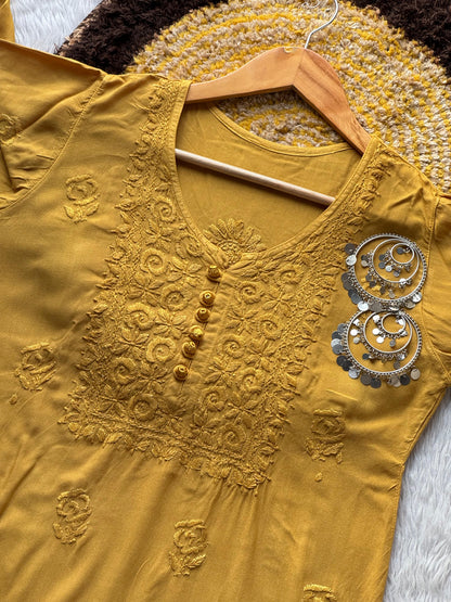 Mustard yellow Elegant Lucknow Chikankari Short Kurti with Dhoti Set