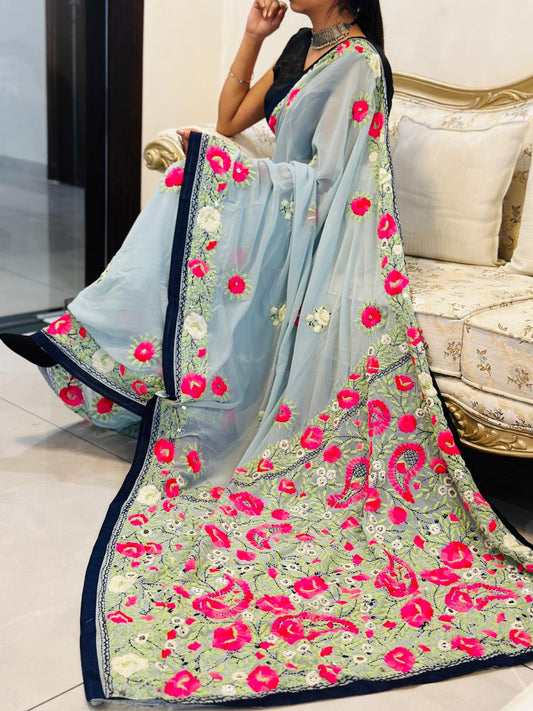 Sky Blue Georgette Phulkari Saree with Intricate Handwork and Embroidered Blouse