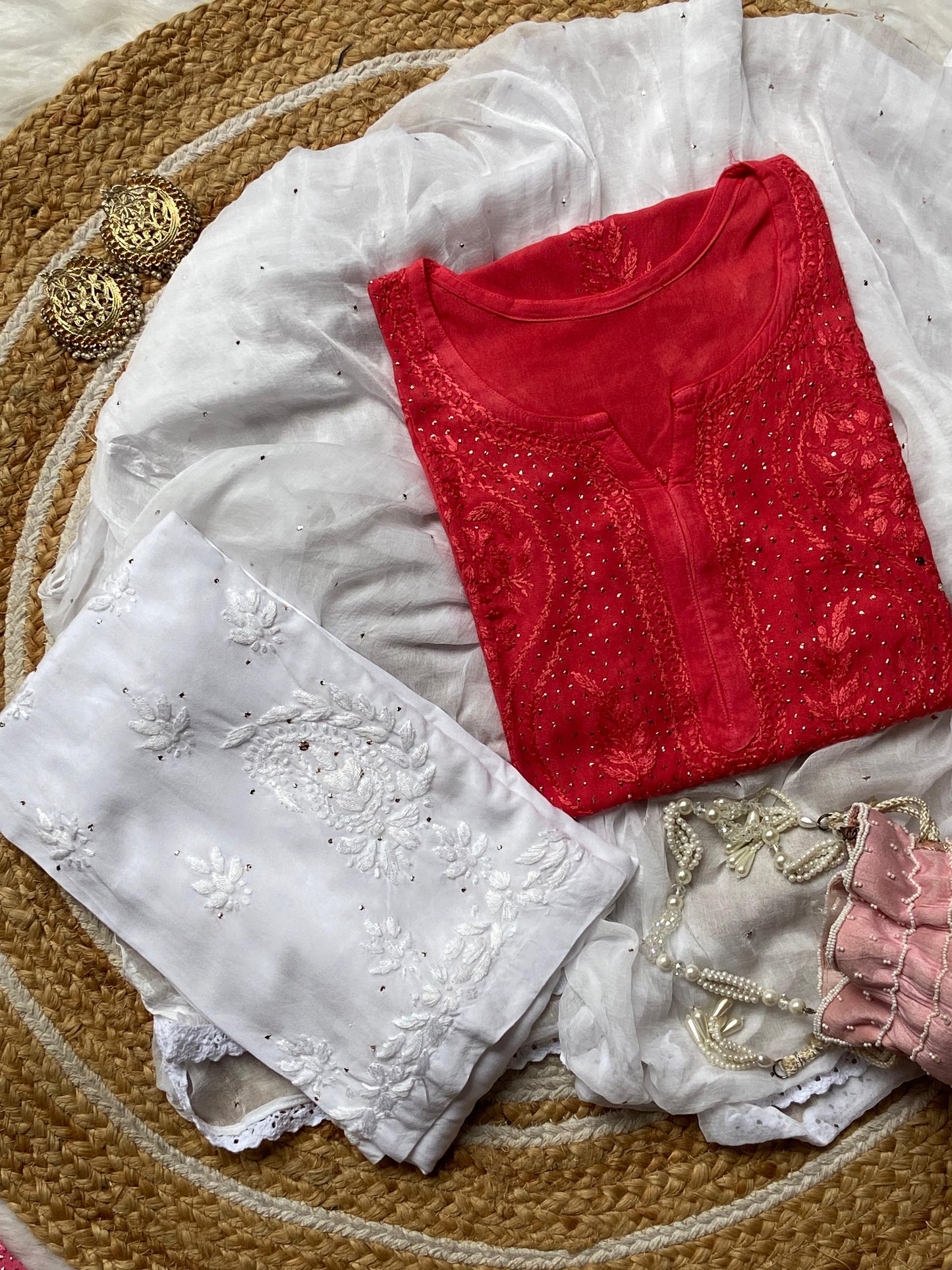 Red Mukaish Work Lucknow Chikankari Kurta Set with Palazzo & Dupatta