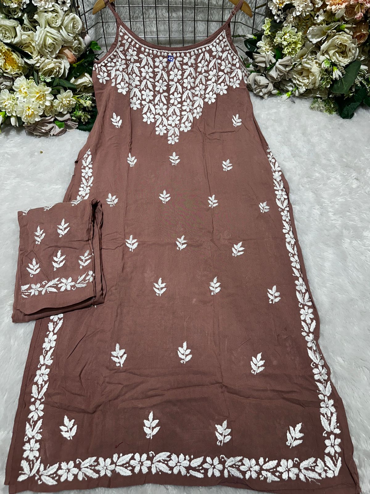 Brown Lucknow Chikankari Strappy Kurti and Pant Co-ord Set (Limited Stock)