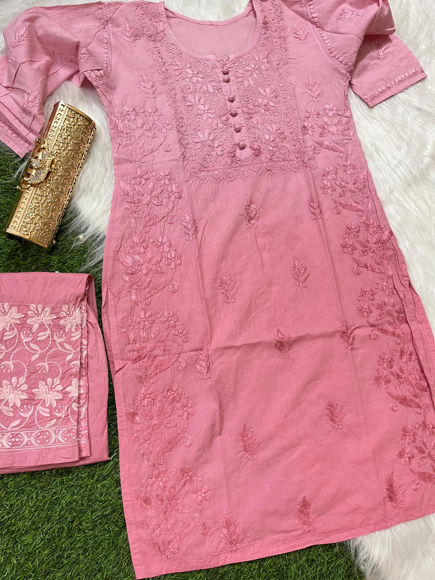 Dusty Pink Cotton Chikankari Hand Work Kurta Pant Suits