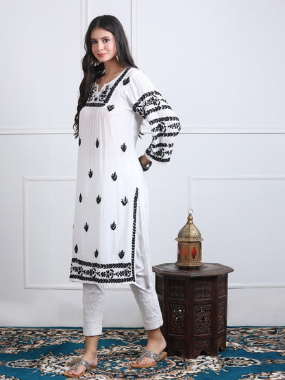 Premium White Lucknow Chikankari Kurti with Black Ghas Patti Embroidery & Stretchable Lycra Pants