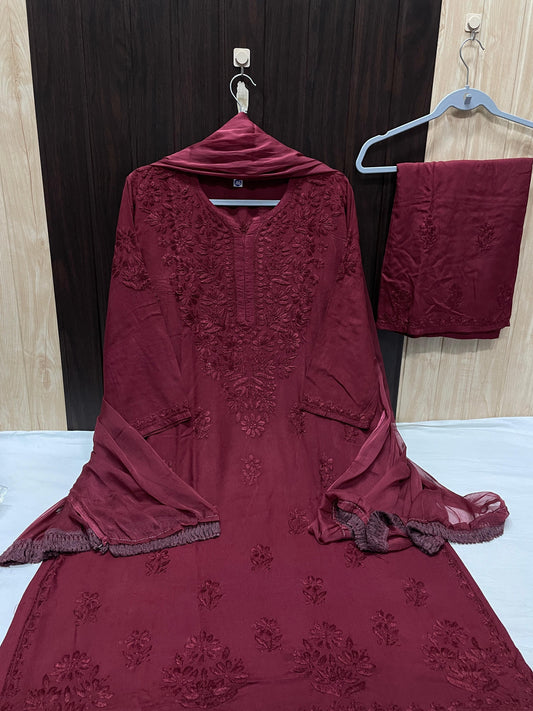 Maroon Elegant Lucknow Chikankari Handcrafted 3-Piece Rayon Kurti, Pallazo, and Dupatta Set