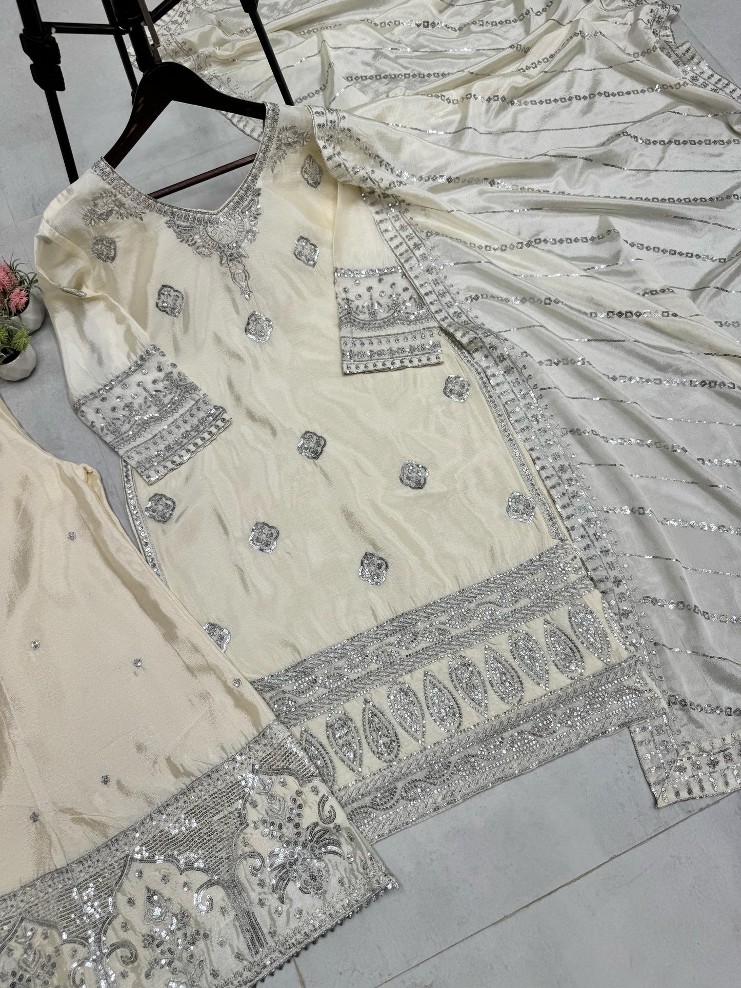 Beige Desirable Fancy Chinon Sequins Embroidered Shalwar Kameez Sharara and Dupatta Eid Dresses 2025