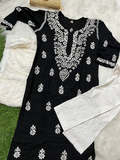 Black 3-Piece Lucknowi Chikankari Kurti Set with Chiffon Dupatta