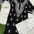 Black 3-Piece Lucknowi Chikankari Kurti Set with Chiffon Dupatta