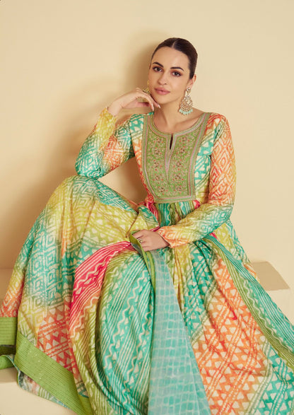 Green multicolor New Muslin Flowy Anarkali Set with Digital Print Dupatta