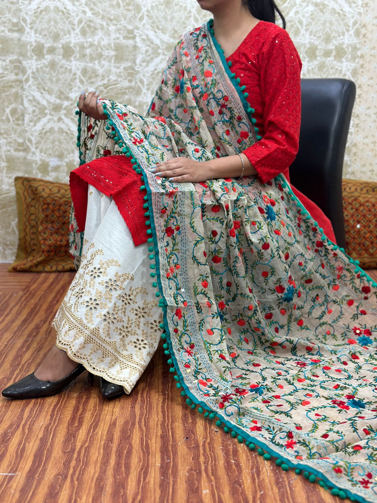 Red Design 1- Chikankari Kurti with Pom Pom Phulkari Dupatta and Zari Mastani Sharara Set