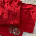Red Cotton Lucknow Chikankari Kurti Palazzo Set with Mukaish Work