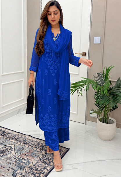Royal Blue Viscose Lucknow Chikankari 4-Piece Kurta Set